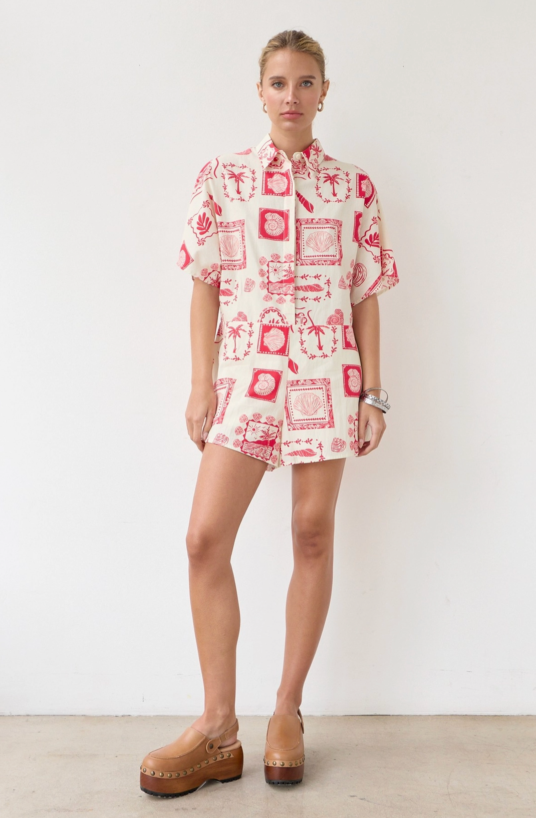 Print Shirt Romper - Red/White