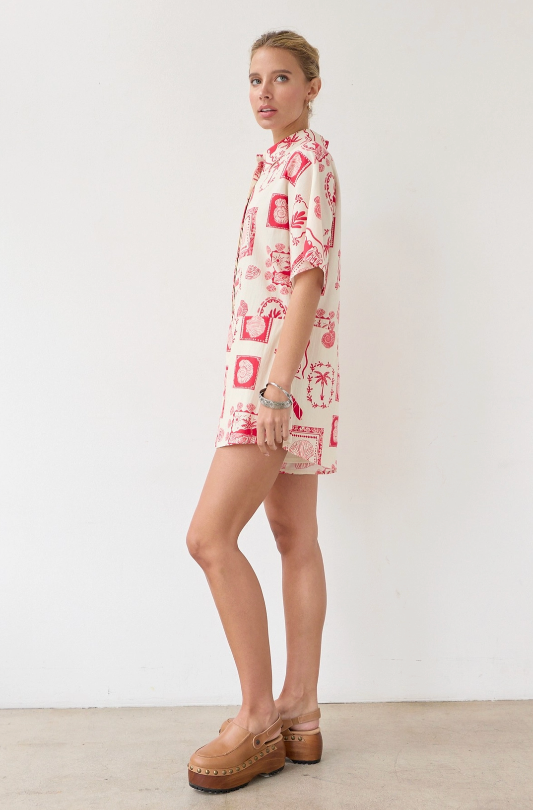 Print Shirt Romper - Red/White