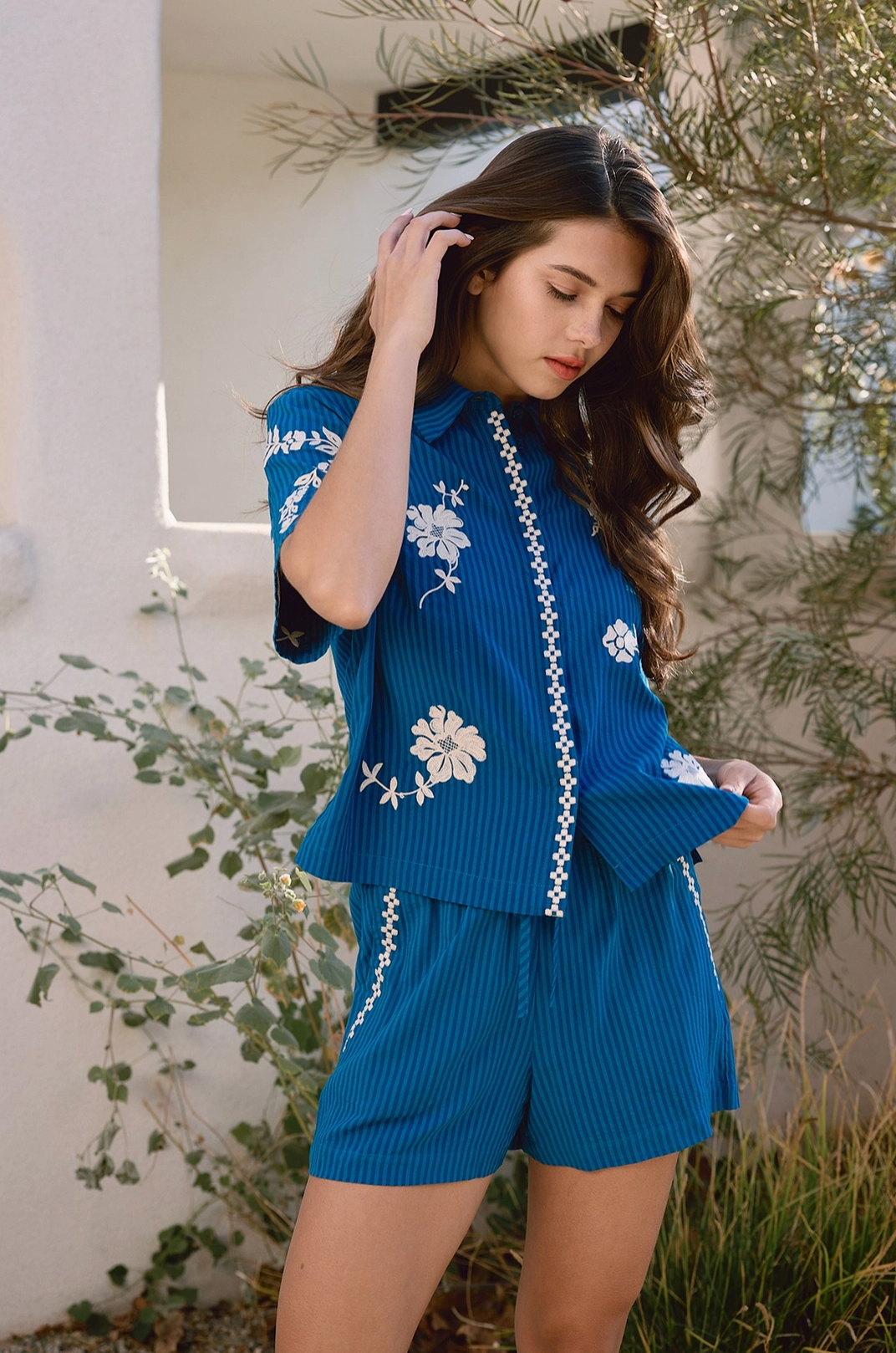 Stripe Embroidery Floral Short Sleeve Set - Blue (2 Piece Set)