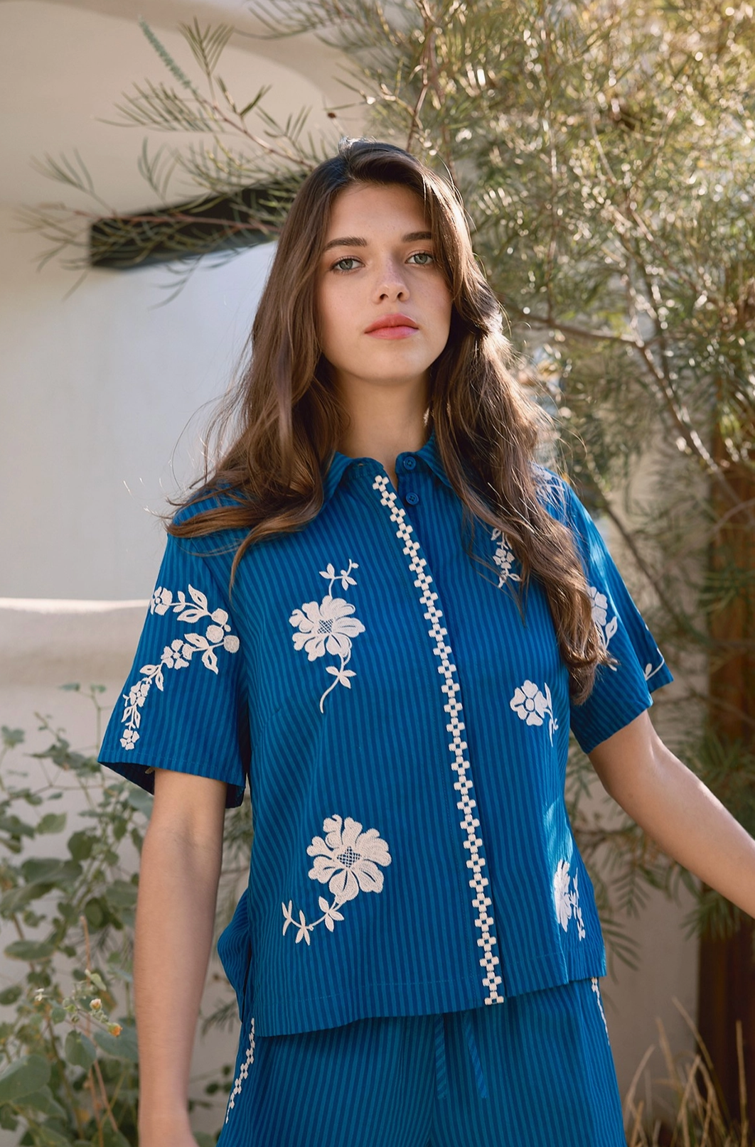 Stripe Embroidery Floral Short Sleeve Set - Blue (2 Piece Set)