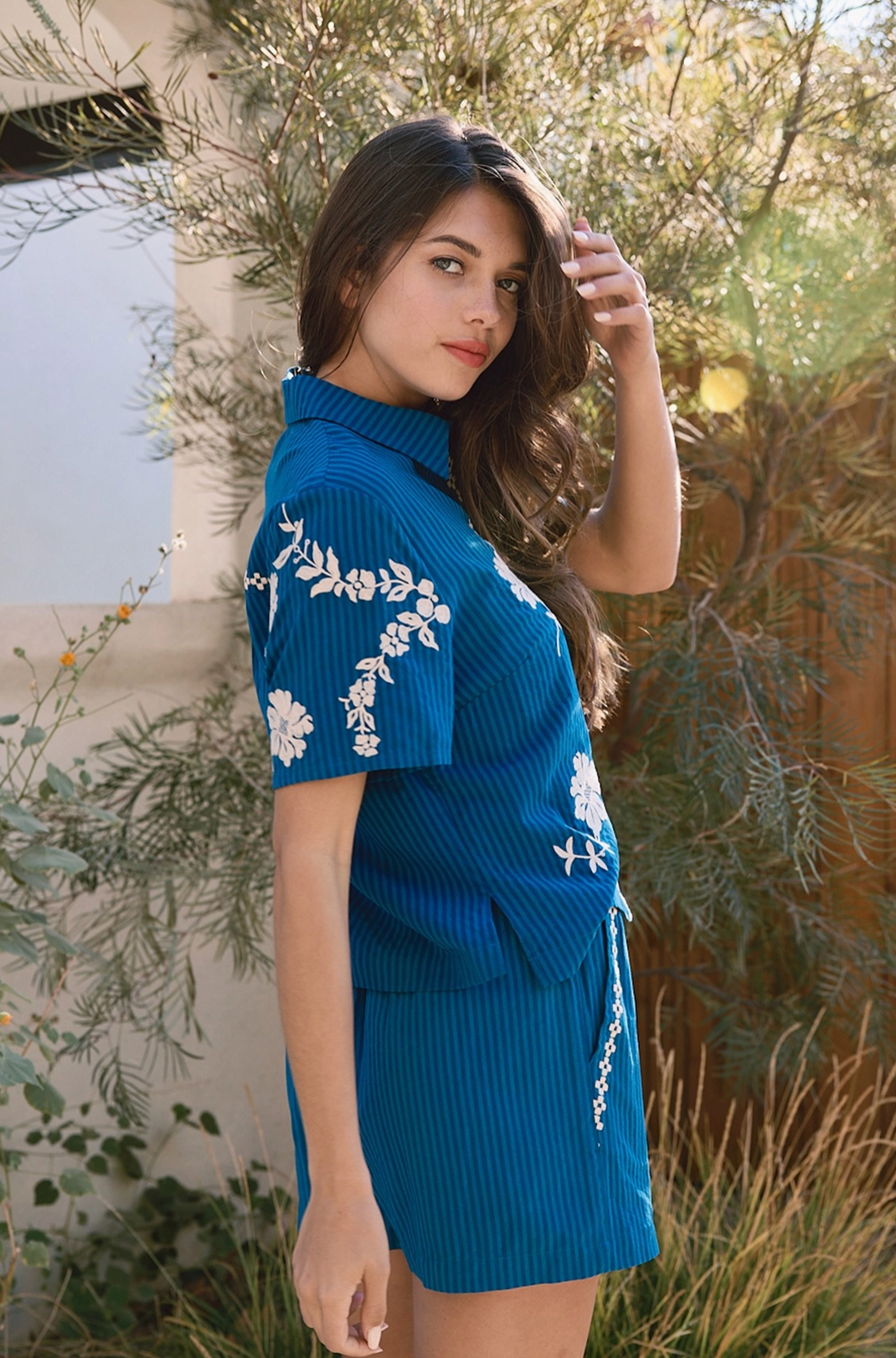 Stripe Embroidery Floral Short Sleeve Set - Blue (2 Piece Set)