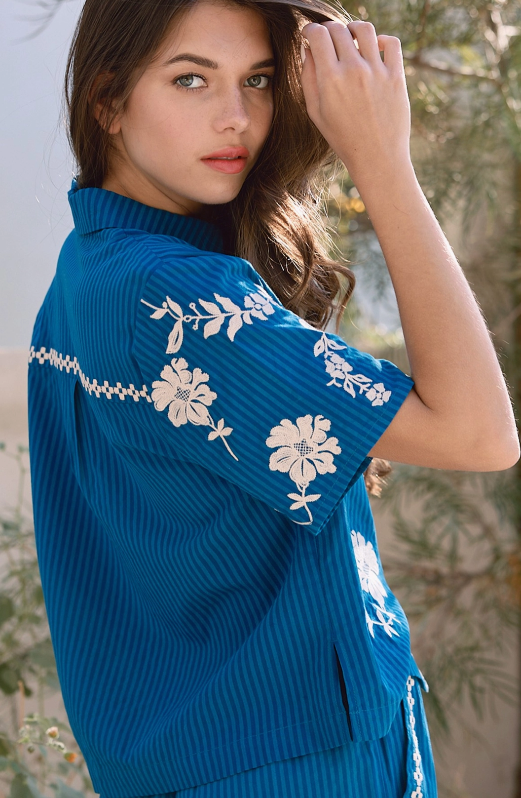 Stripe Embroidery Floral Short Sleeve Set - Blue (2 Piece Set)