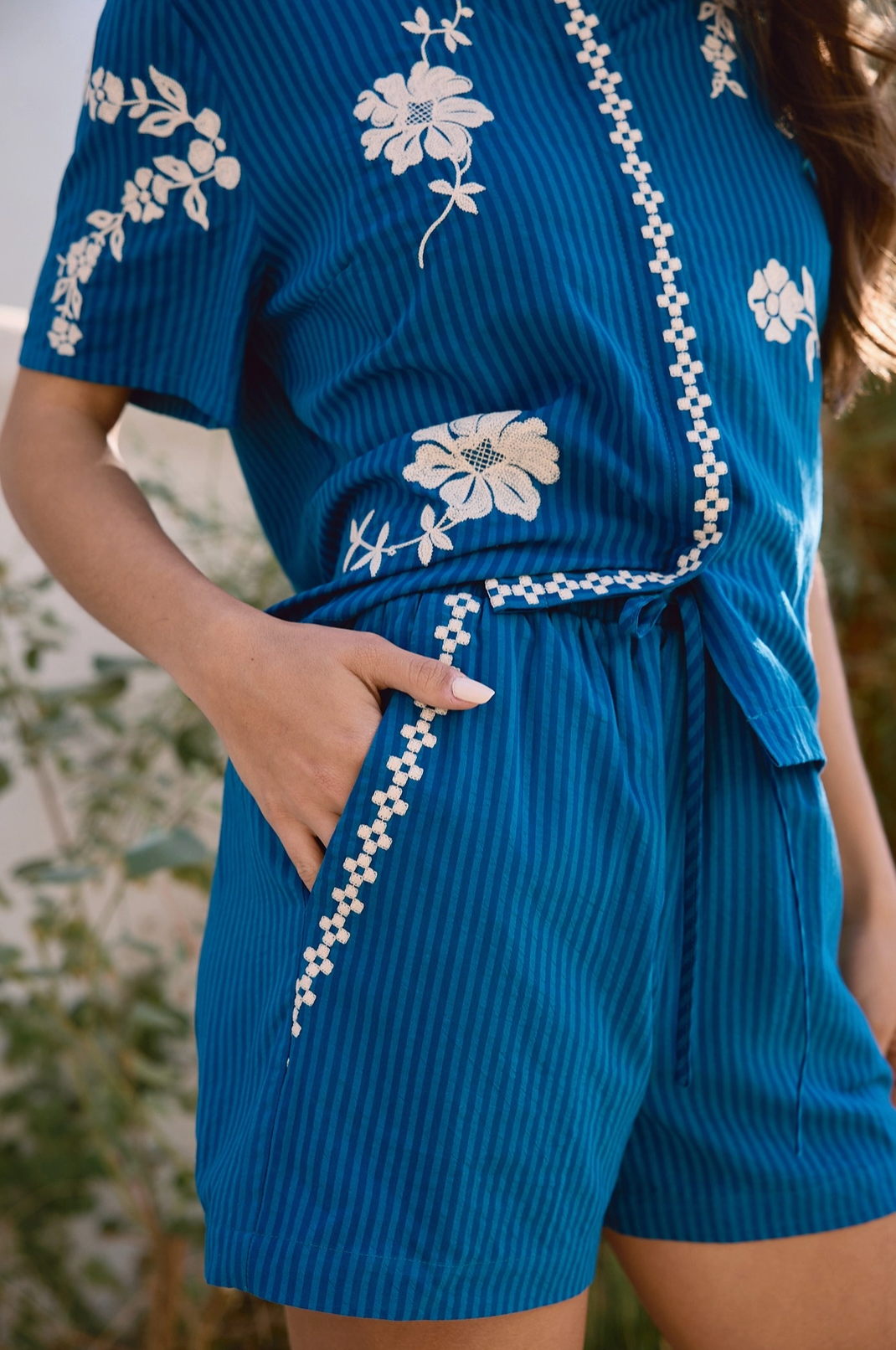Stripe Embroidery Floral Short Sleeve Set - Blue (2 Piece Set)