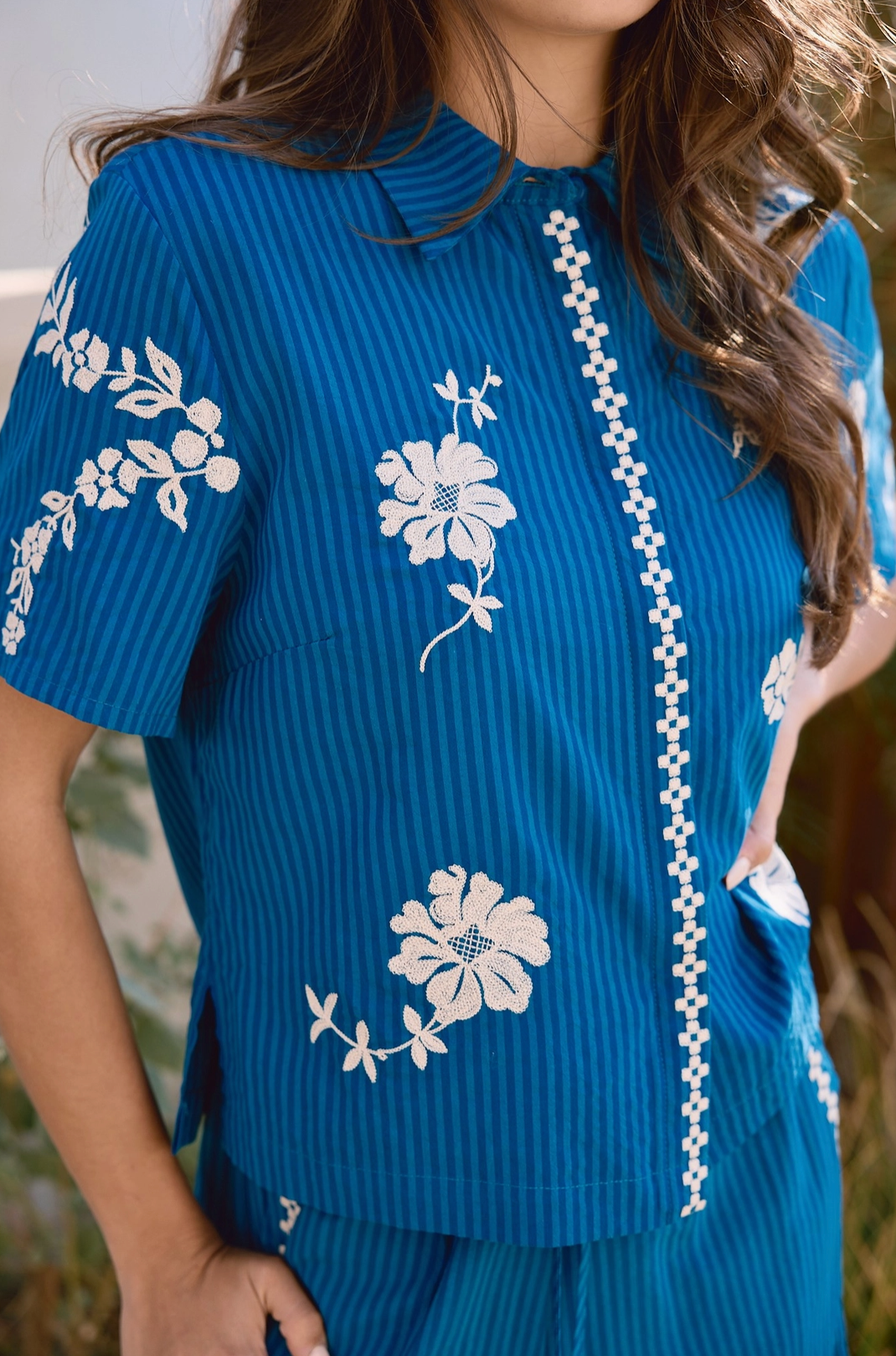 Stripe Embroidery Floral Short Sleeve Set - Blue (2 Piece Set)