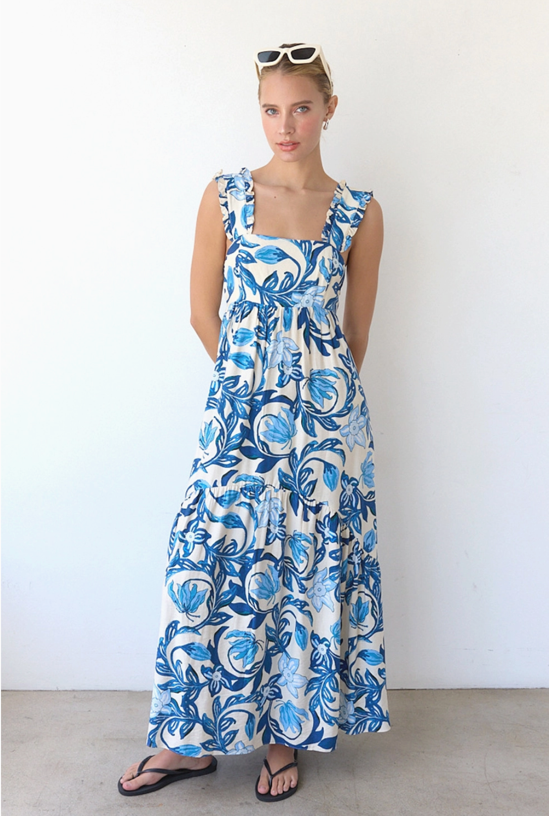 Printed Blue Maxi Dress with Back Smocking