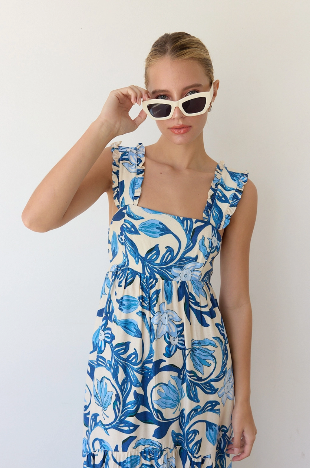 Printed Blue Maxi Dress with Back Smocking