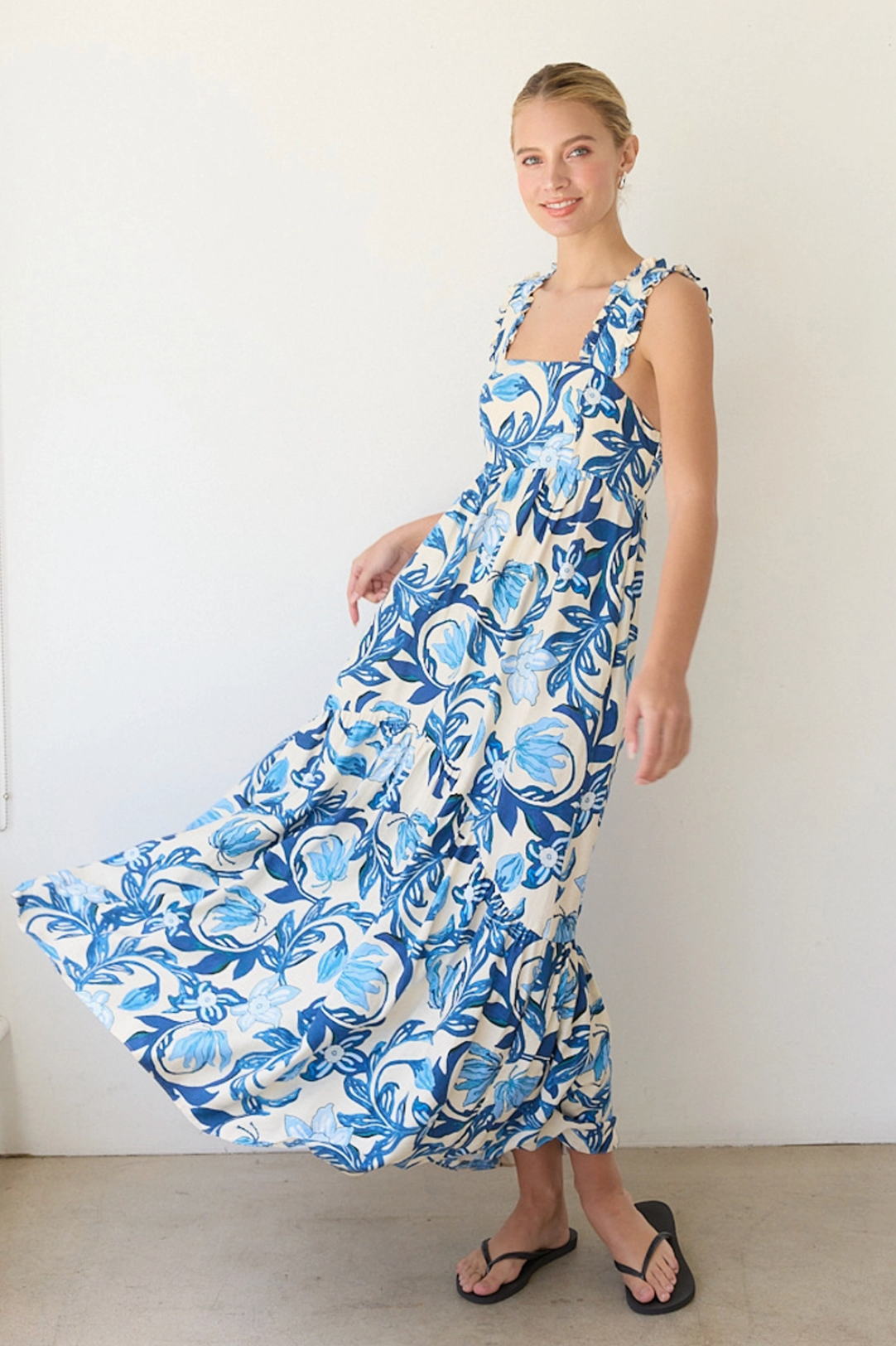 Printed Blue Maxi Dress with Back Smocking
