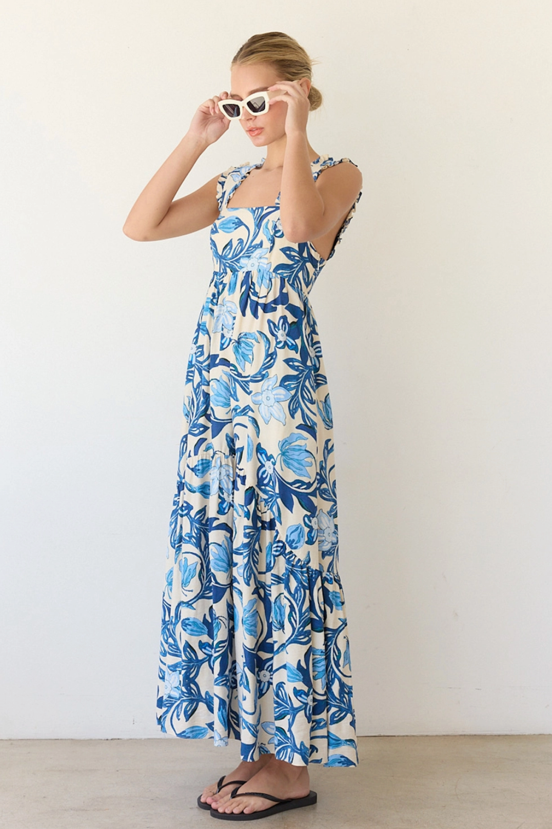 Printed Blue Maxi Dress with Back Smocking