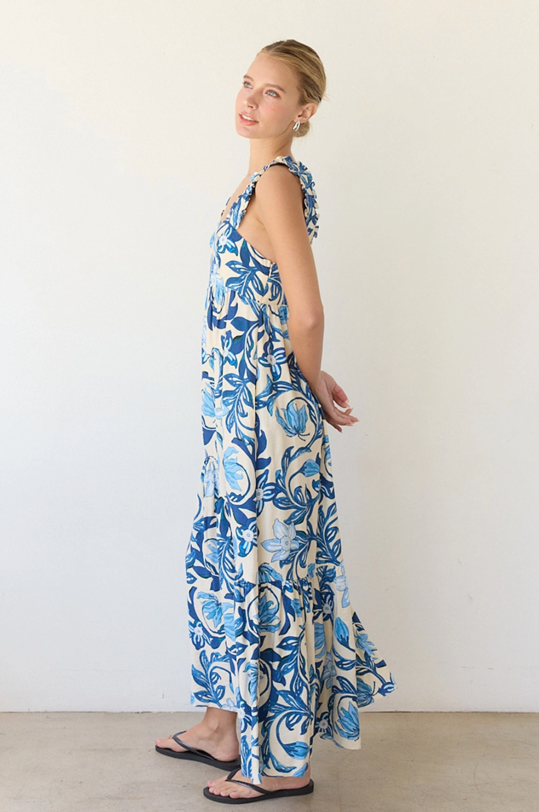 Printed Blue Maxi Dress with Back Smocking