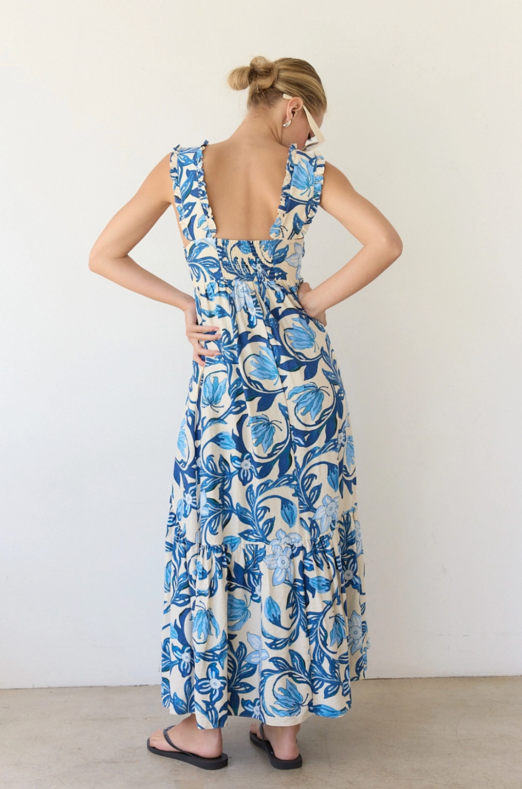Printed Blue Maxi Dress with Back Smocking
