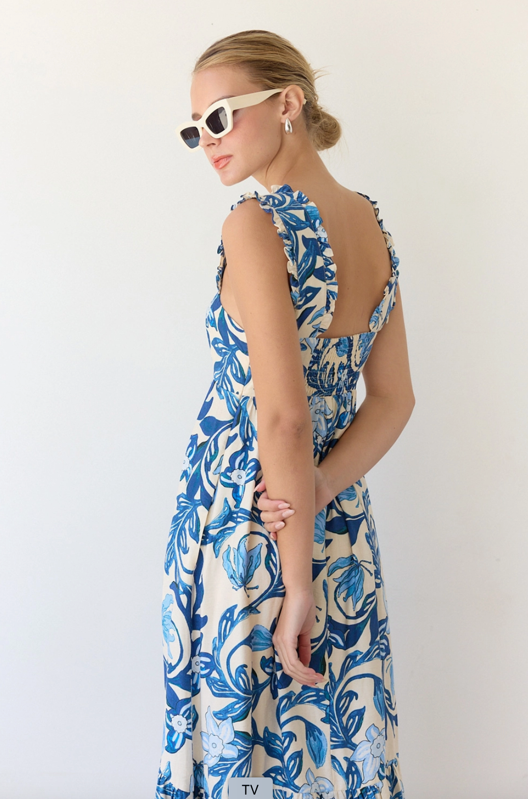 Printed Blue Maxi Dress with Back Smocking