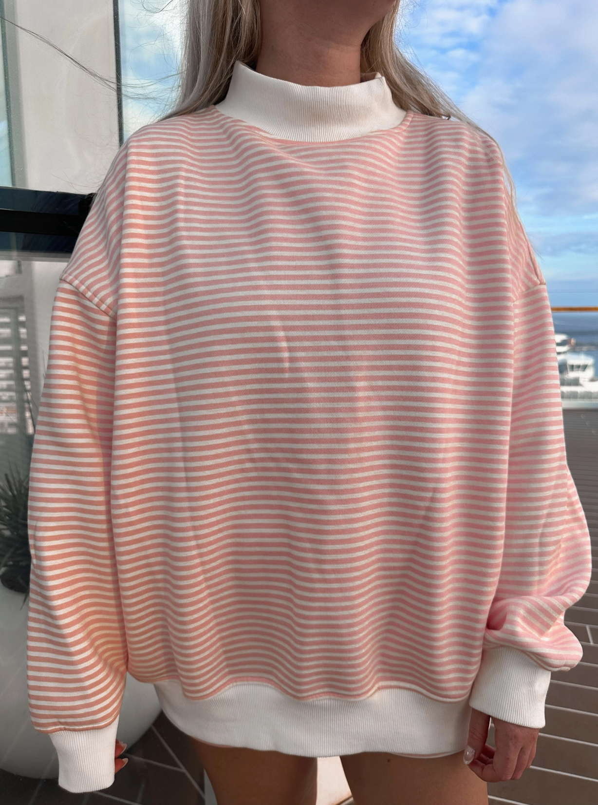 Light Pink and White Big Striped Mockneck Sweatshirt