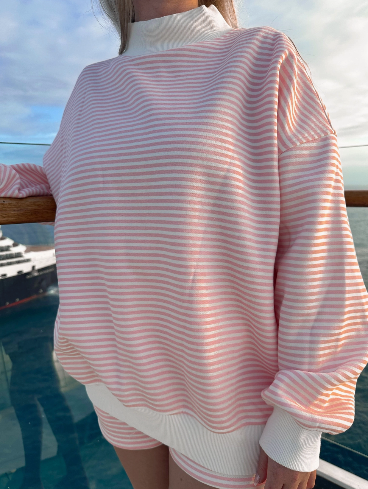 Light Pink and White Big Striped Mockneck Sweatshirt