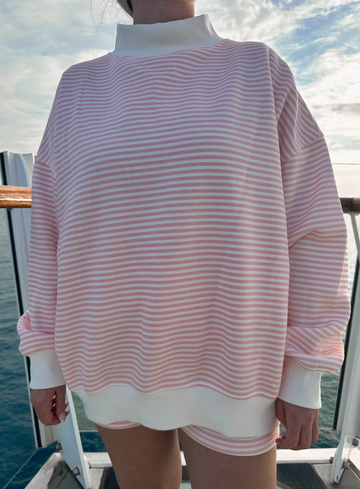 Light Pink and White Big Striped Mockneck Sweatshirt