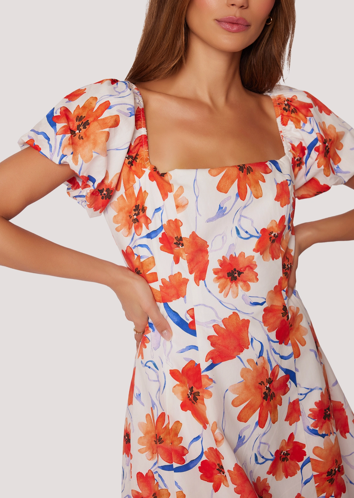 Poppy Blooms Mini Dress - Spring Floral Puff Sleeves