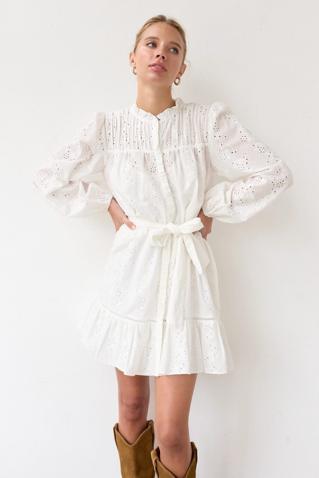 Ruffle Eyelet Dress with Belt - White