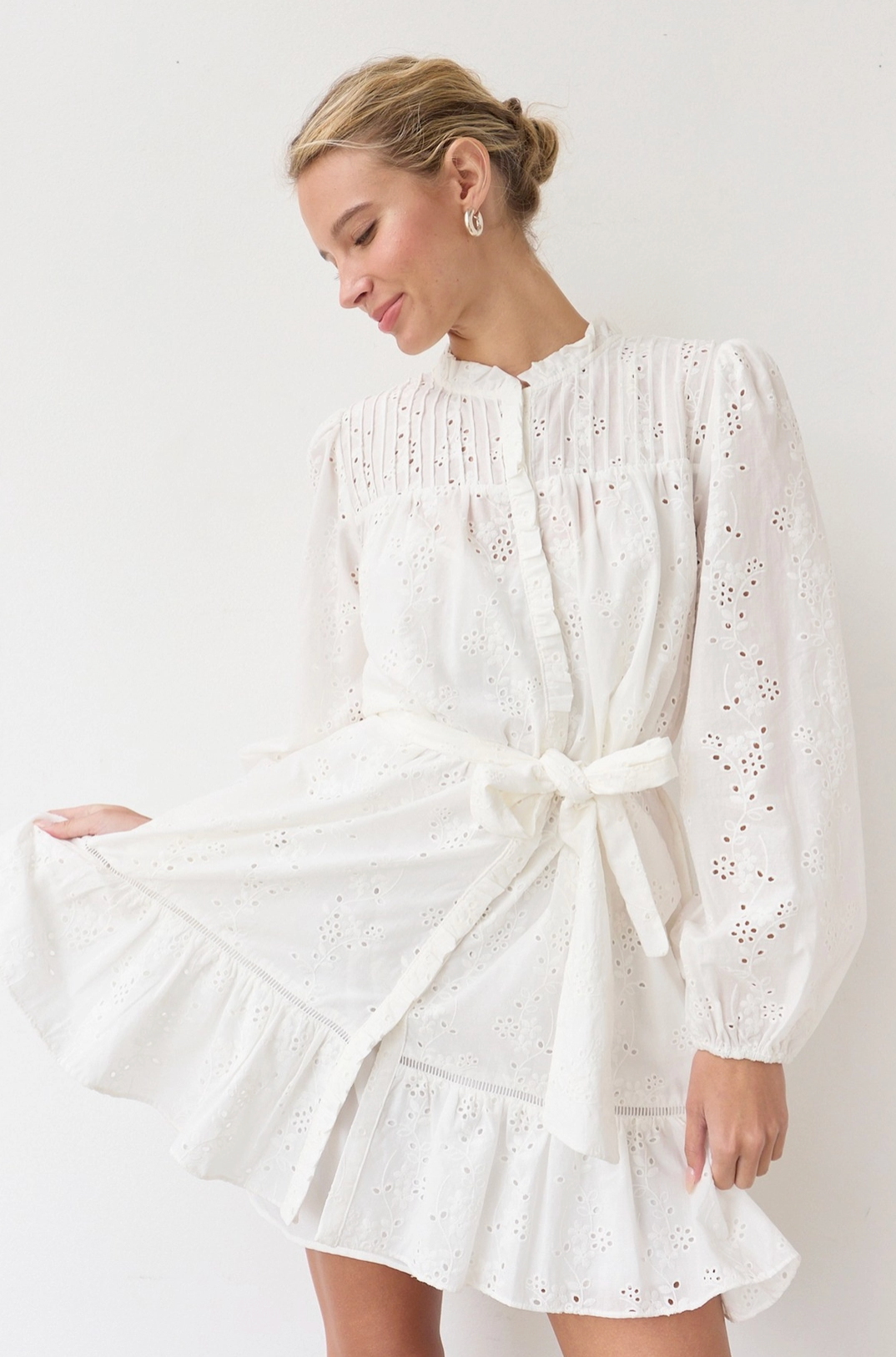 Ruffle Eyelet Dress with Belt - White