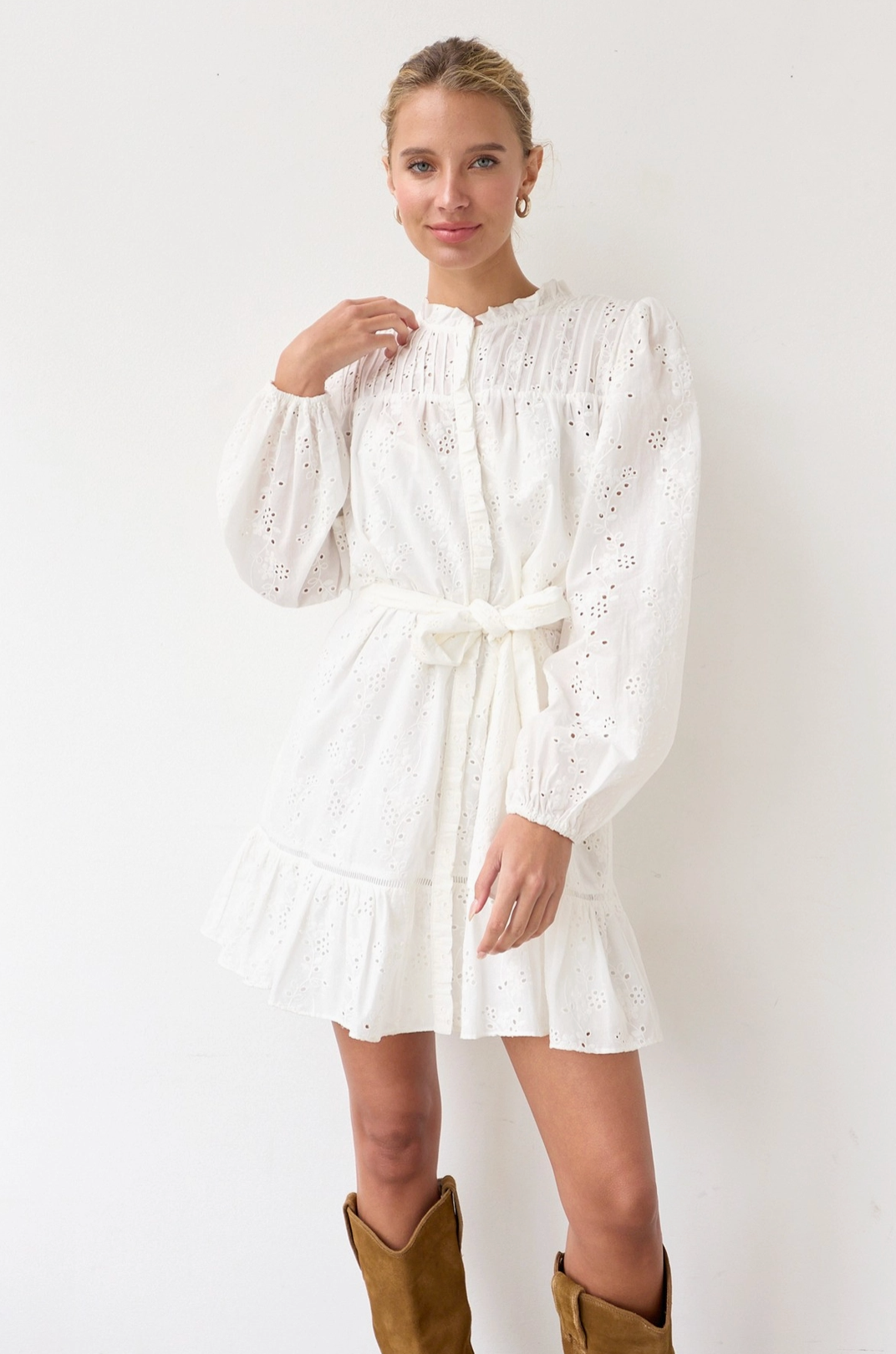 Ruffle Eyelet Dress with Belt - White