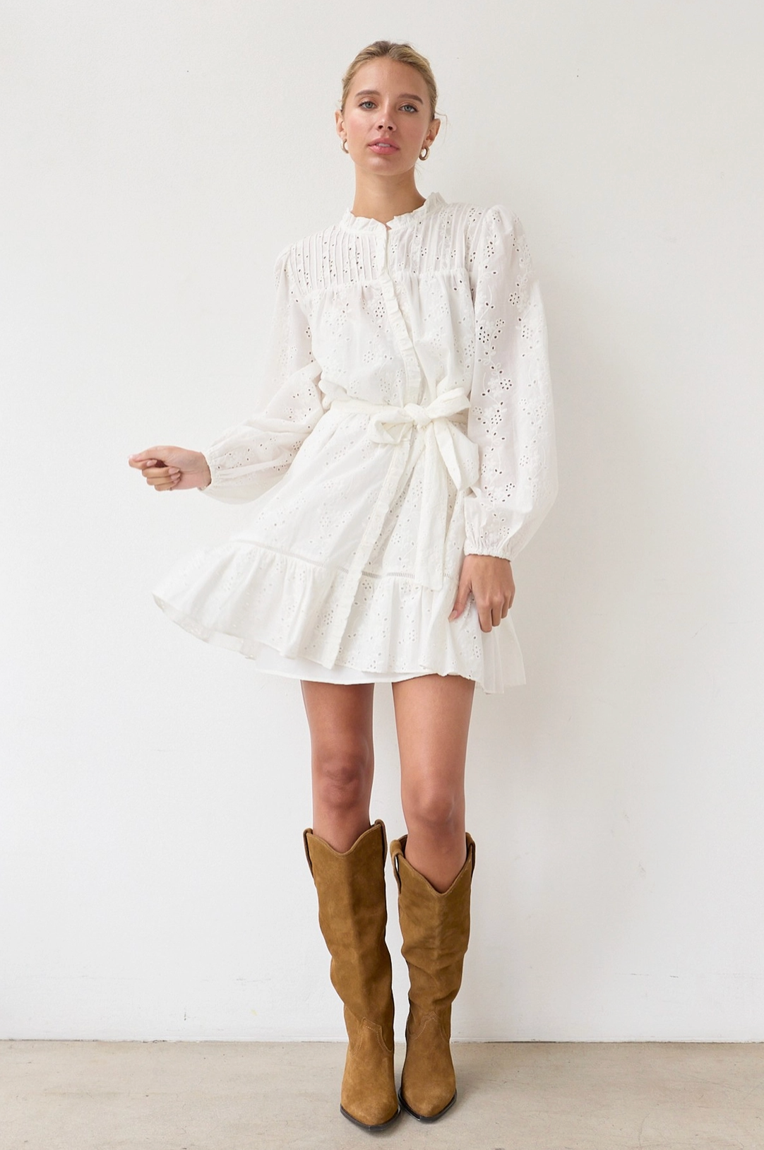 Ruffle Eyelet Dress with Belt - White