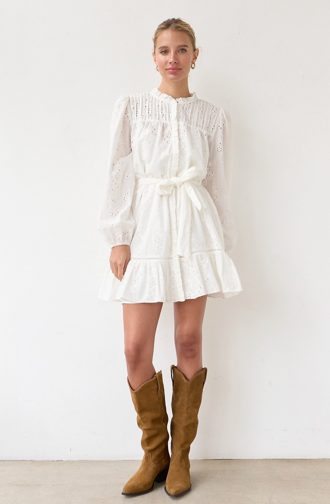 Ruffle Eyelet Dress with Belt - White