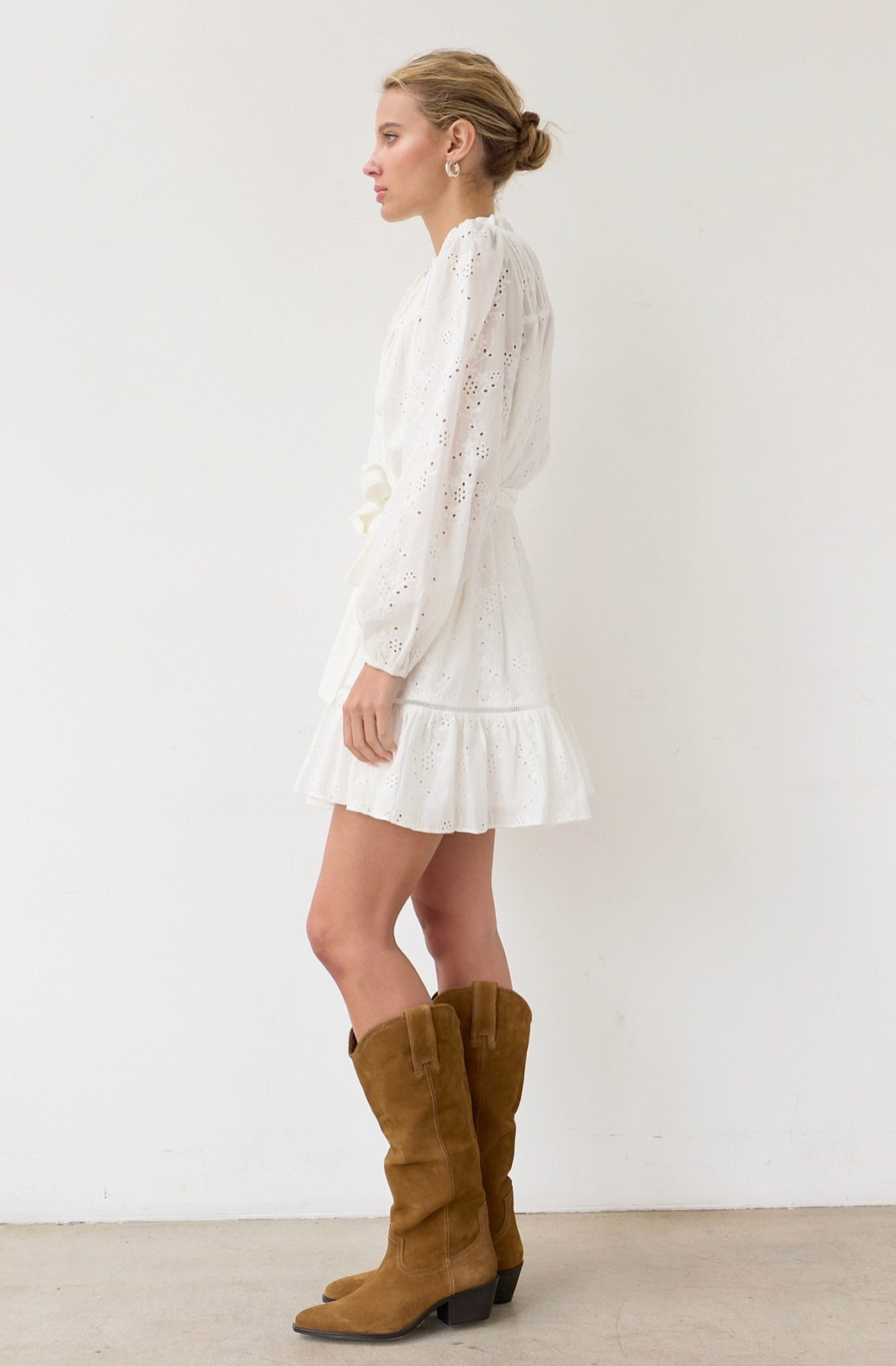 Ruffle Eyelet Dress with Belt - White