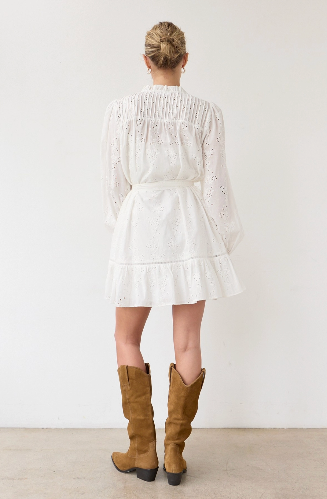Ruffle Eyelet Dress with Belt - White