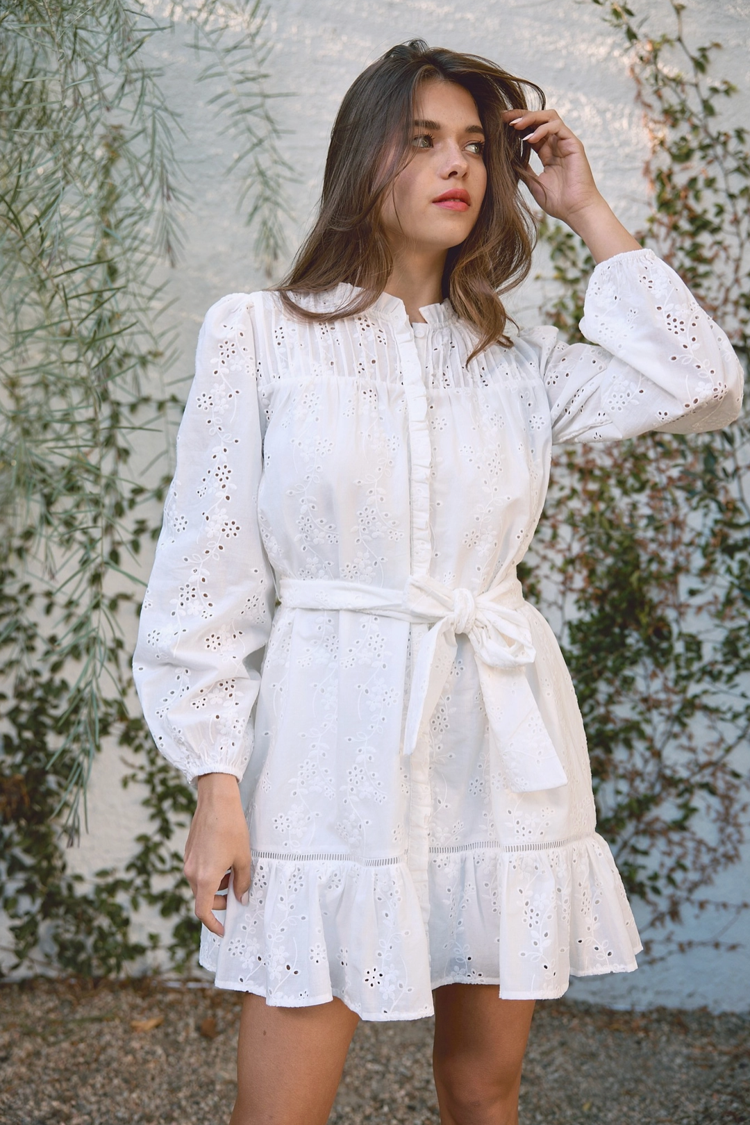 Ruffle Eyelet Dress with Belt - White