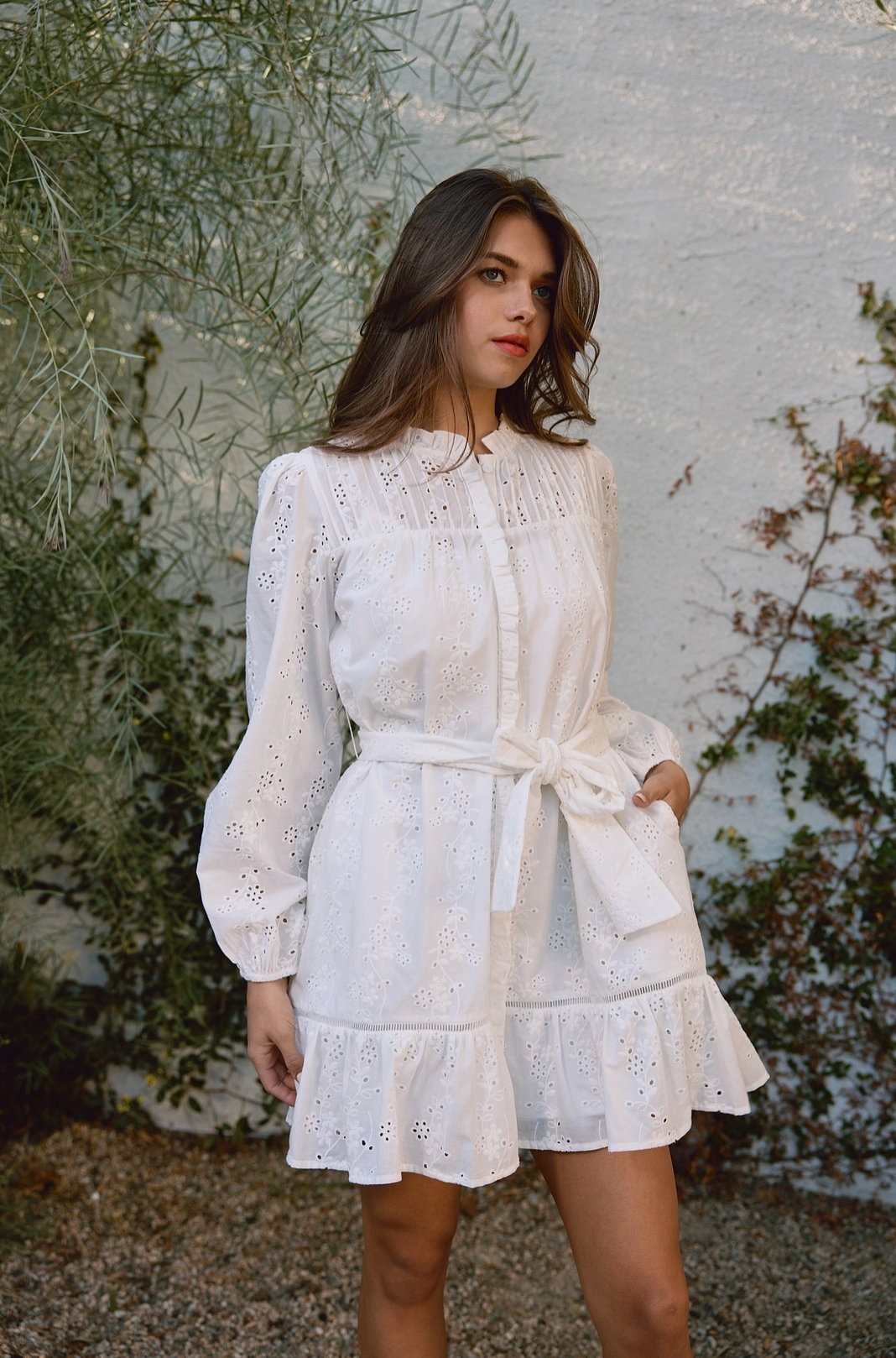 Ruffle Eyelet Dress with Belt - White