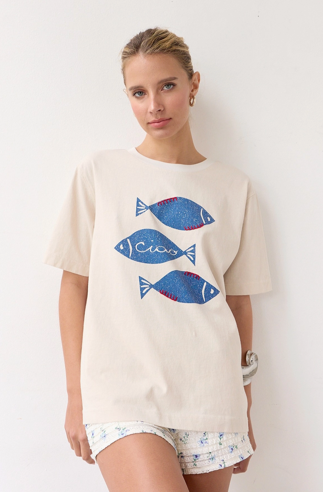 Fish Graphic Tee with Stitch - Ecru