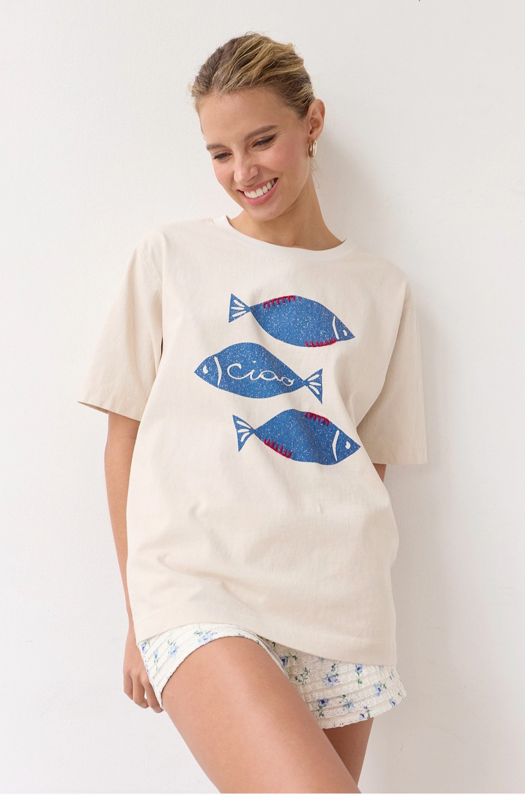 Fish Graphic Tee with Stitch - Ecru