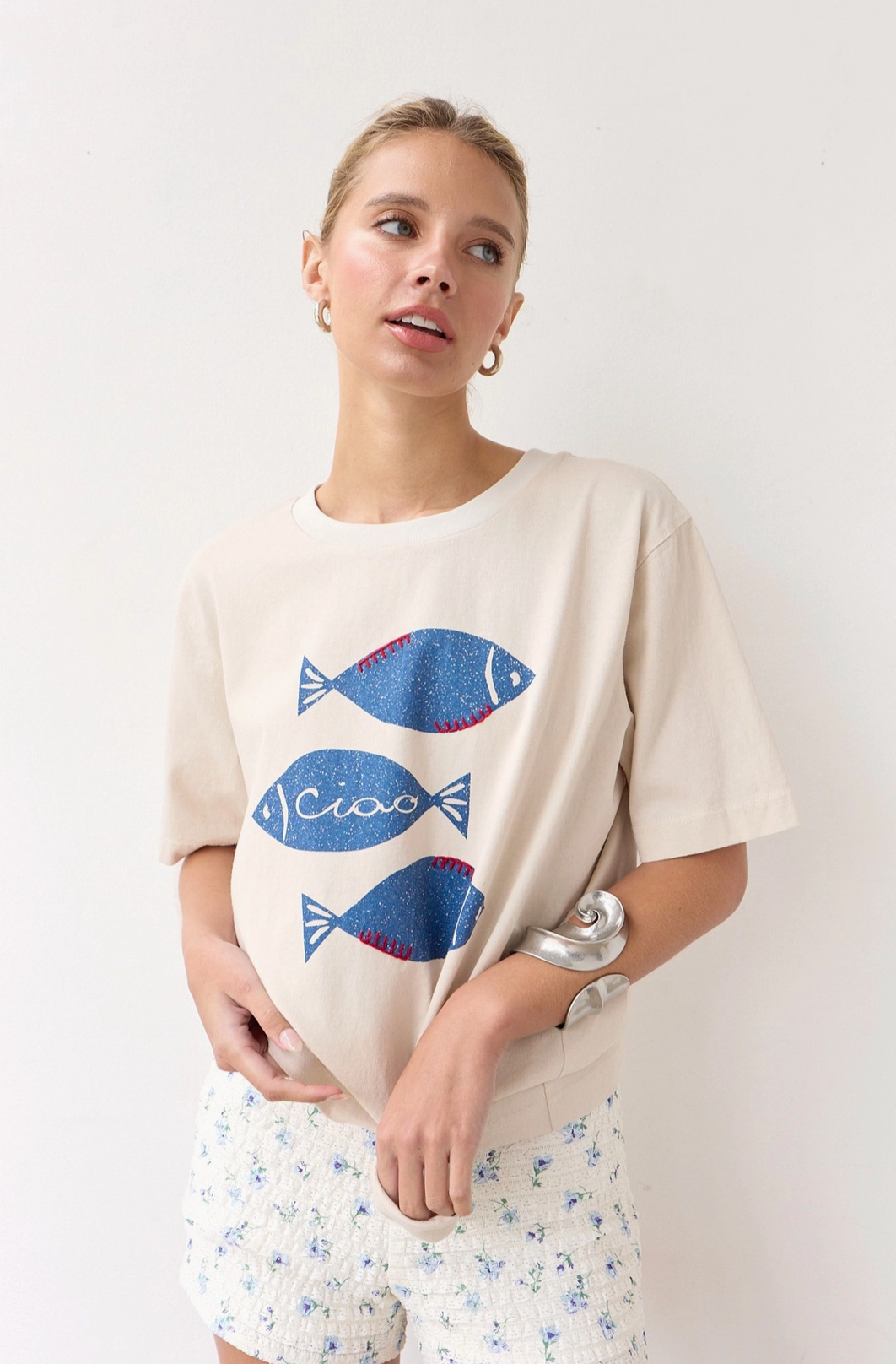 Fish Graphic Tee with Stitch - Ecru