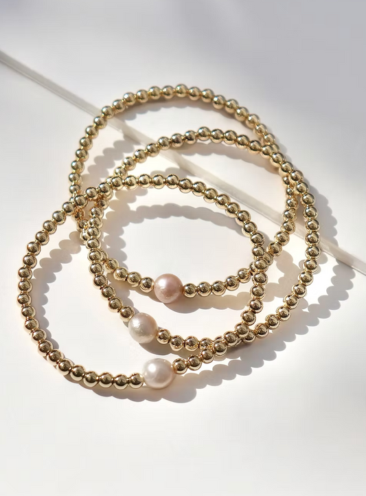 Single Pearl Stretchy Bracelet - 14 kt Gold Fill - Kaylie Dawn