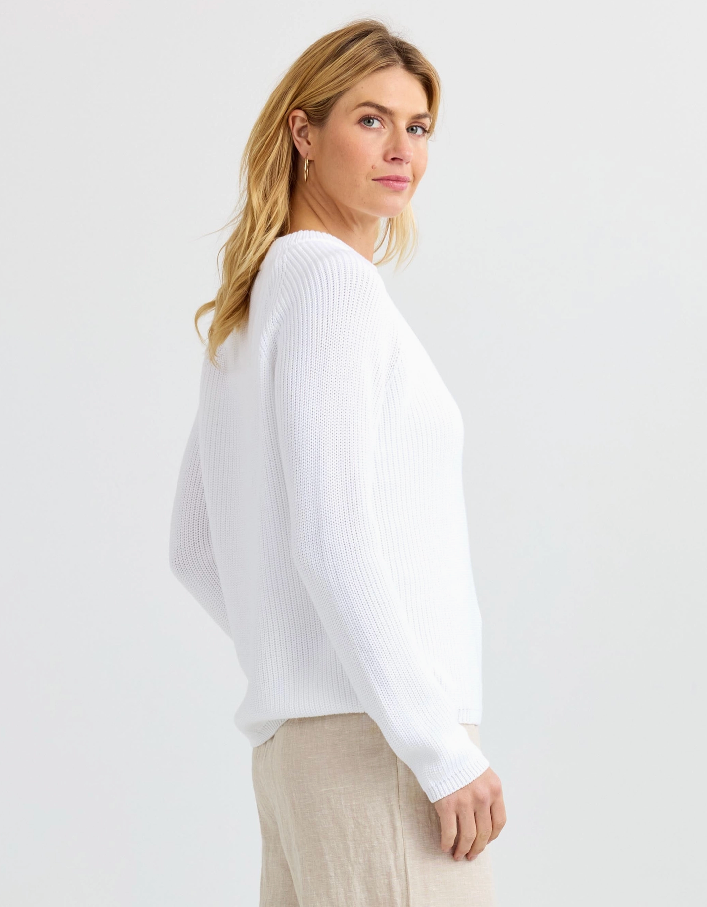 Cotton Fisherman Crewneck Sweater - White