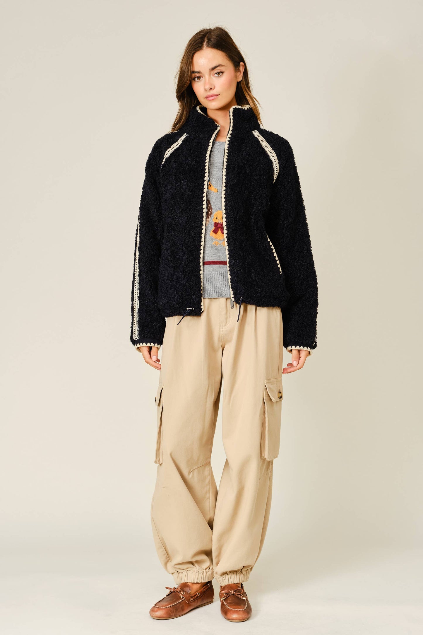 Embroidered Line Soft Teddy Fleece - Dark Navy