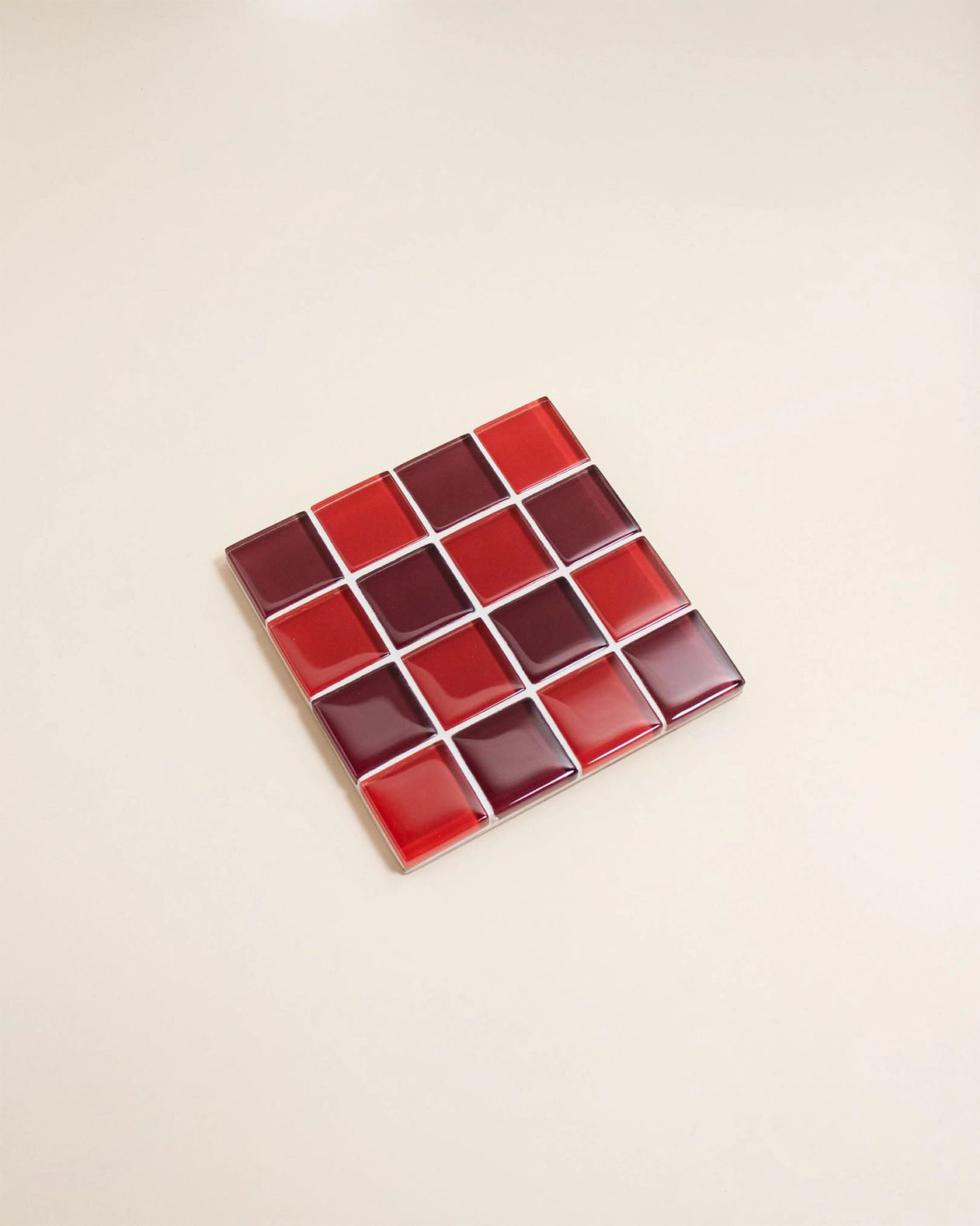 Glass Tile Coaster - Red + Burgundy Check - Subtle Art Studios