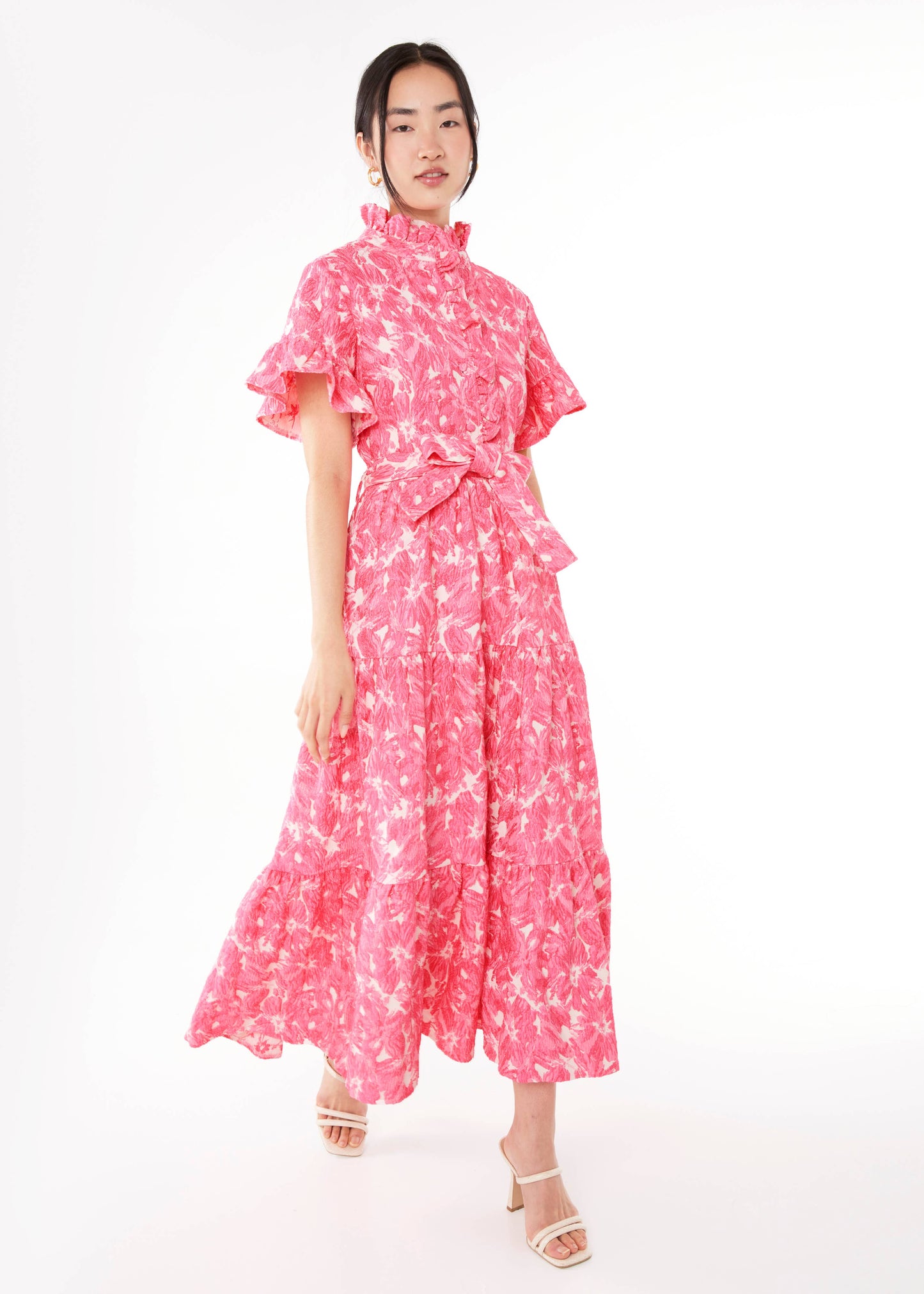 Sadie Maxi Dress Hot Pink Hibiscus Jacquard - Abbey Glass