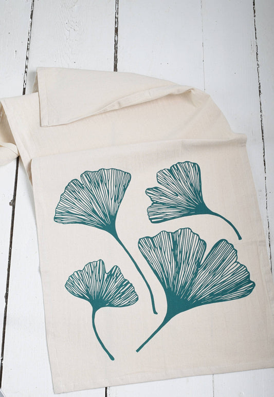 Ginkgo Leaf Tea Towel in Green - Organic Cotton - Natural