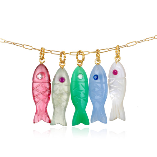 Natural Stone Fish Charm Necklace-Blue Chalcedony