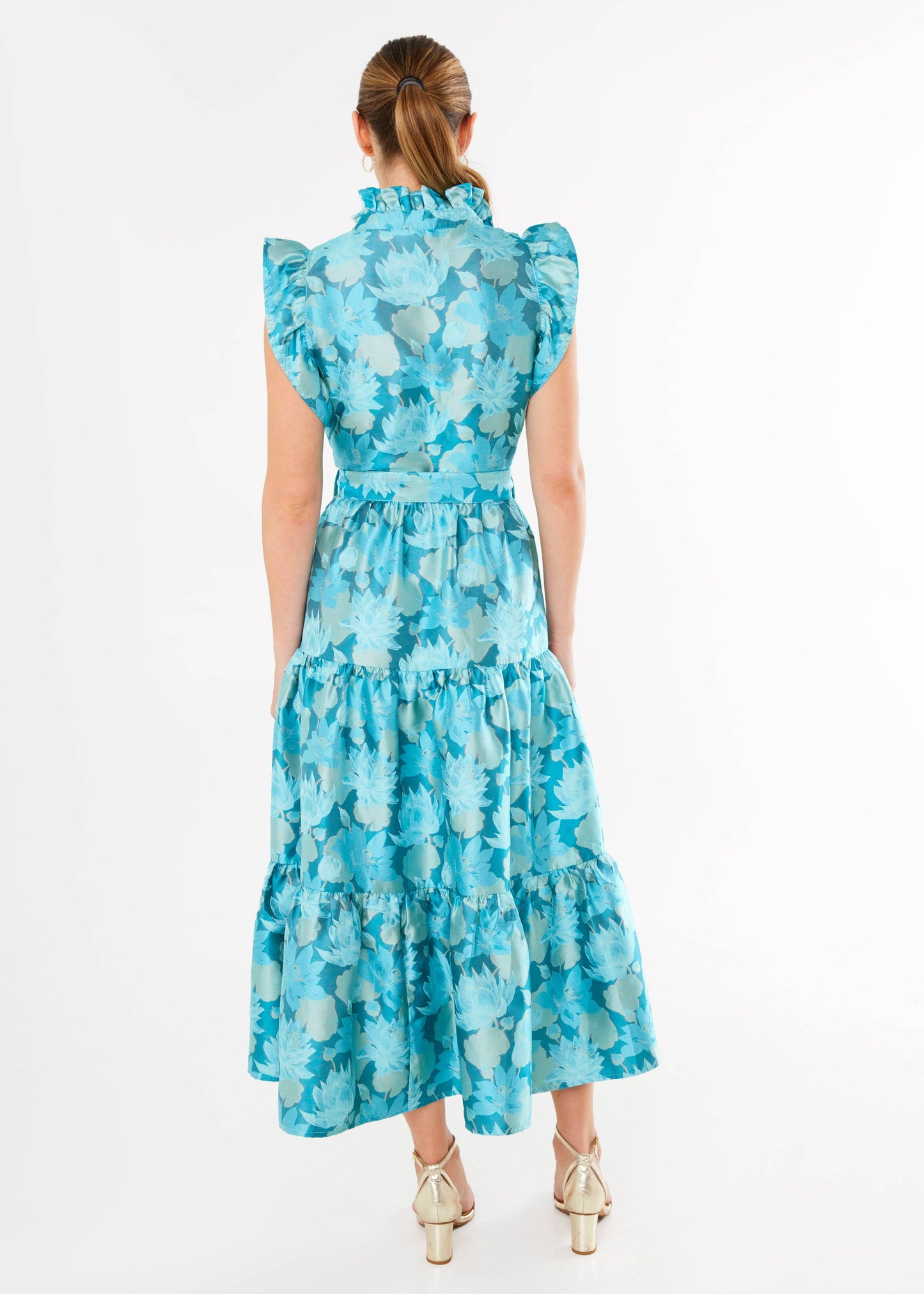 Sleeveless Sadie Maxi Dress Aqua Floral Silhouette Jacquard Blue - Abbey Glass