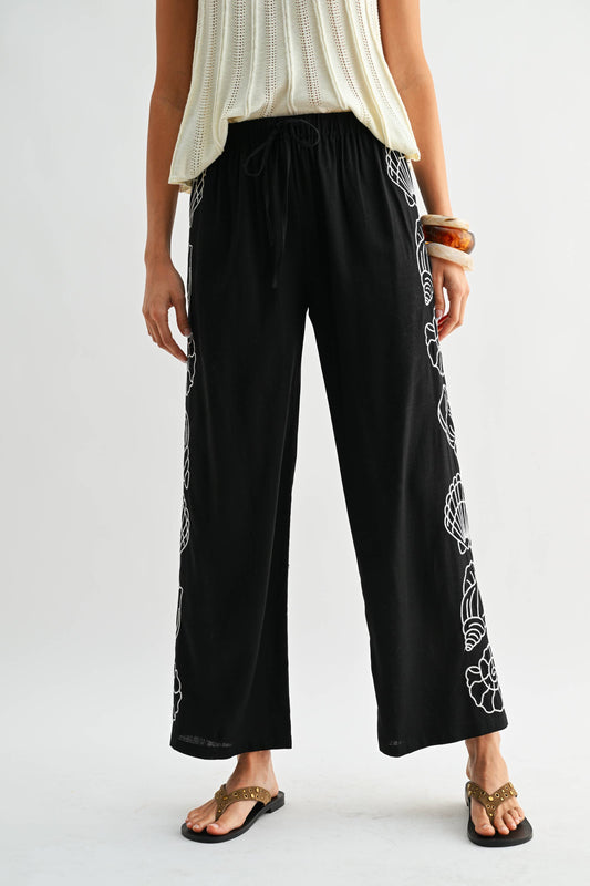 Wide Leg Pants - White Seashell Embroider