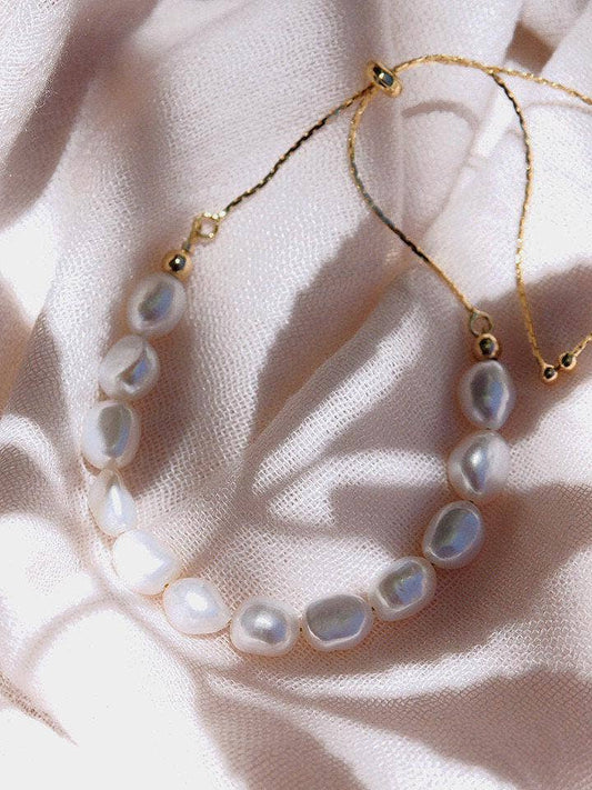 White Pearl Bracelet with Adjustable Gold Chain