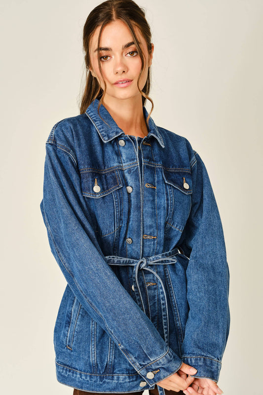 Double Placket Belted Denim Jacket 