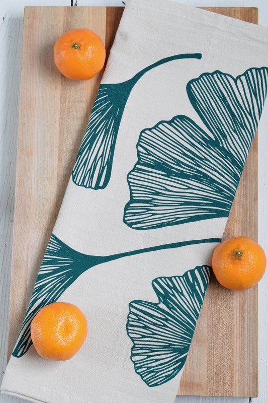 Ginkgo Leaf Tea Towel in Green - Organic Cotton - Natural