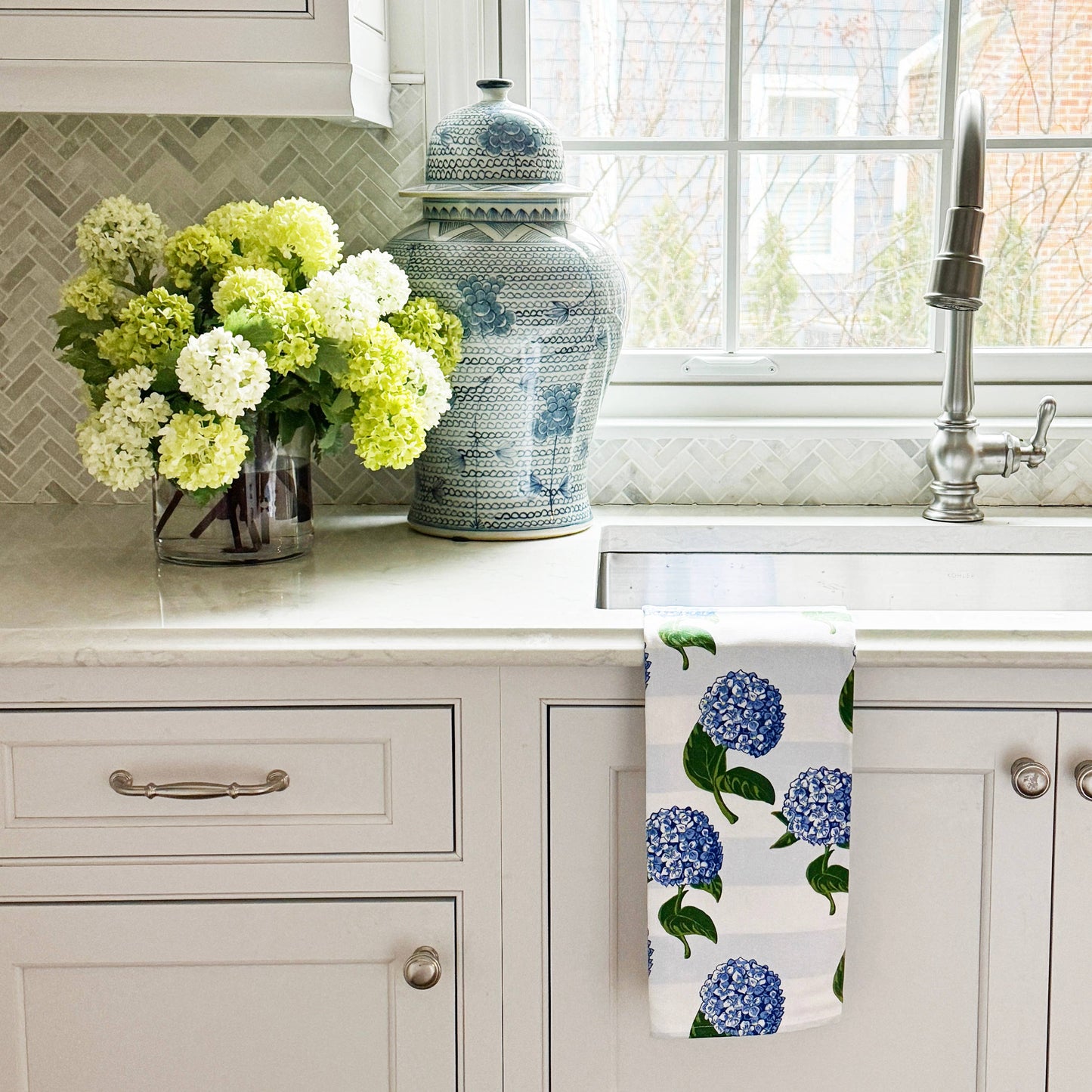 Cotton Tea Towel - Hydrangeas Stripe