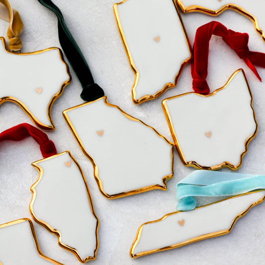 Handmade Porcelain State Ornaments with Gold Heart: Rhode Island