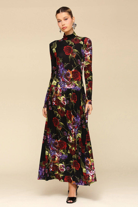 Dark Floral Drop-Waist Maxi Dress - Dark Portofino Rose