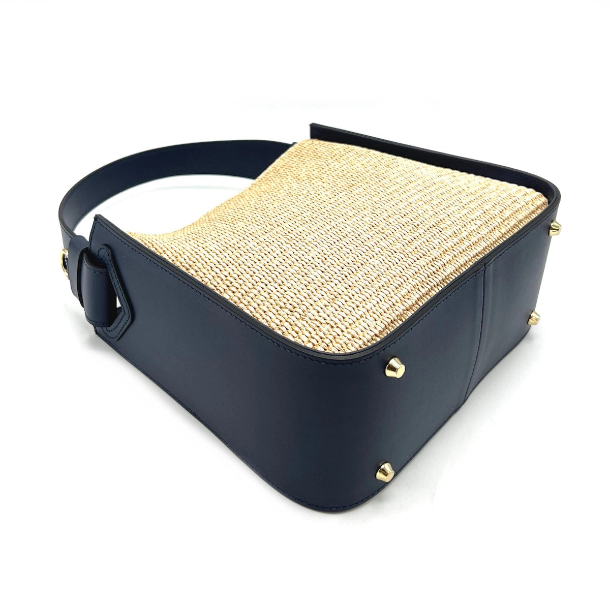 Raffia and Genuine Leather Bucket Bag - Made in Italy - Navy