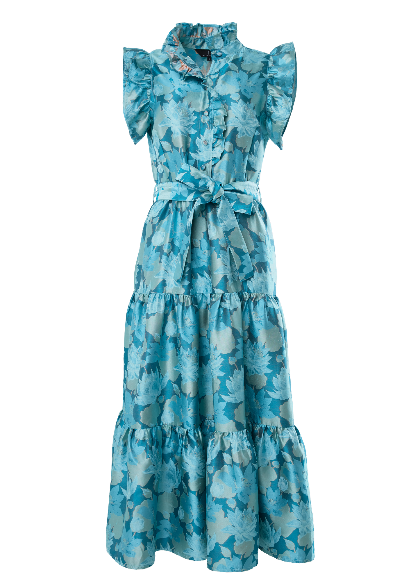 Sleeveless Sadie Maxi Dress Aqua Floral Silhouette Jacquard Blue - Abbey Glass