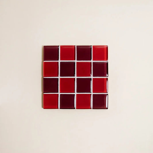 Glass Tile Coaster - Red + Burgundy Check - Subtle Art Studios