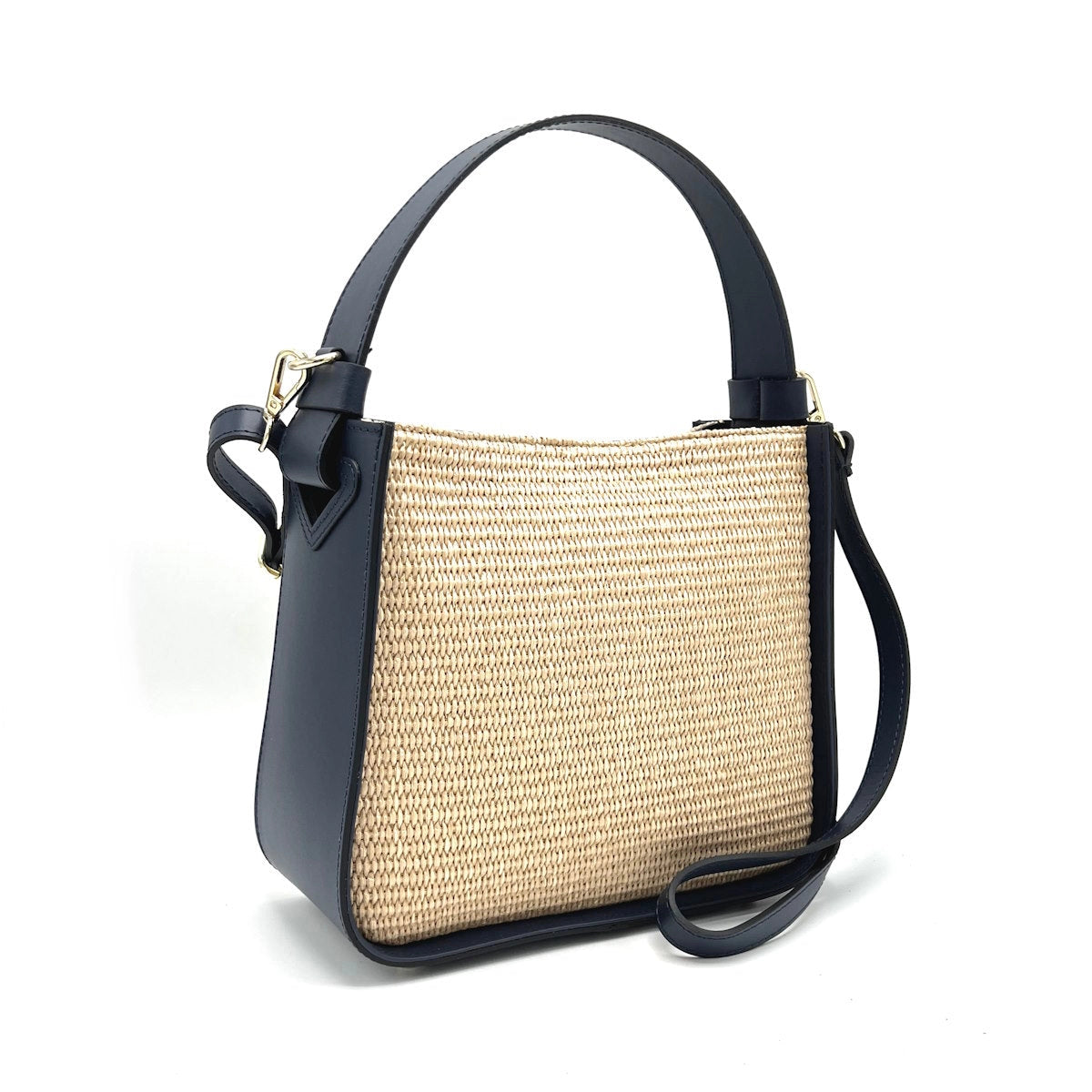 Raffia and Genuine Leather Bucket Bag - Made in Italy - Navy